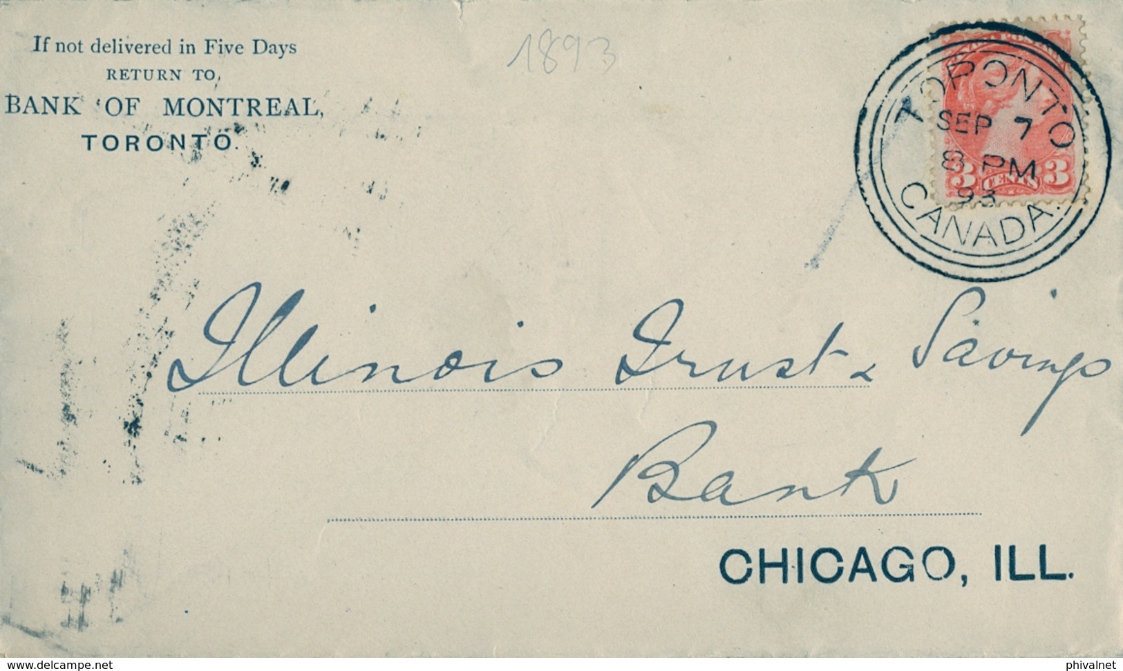 1893 , CANADÁ , SOBRE CIRCULADO , TORONTO - CHICAGO , BANK OF MONTREAL - Cartas & Documentos