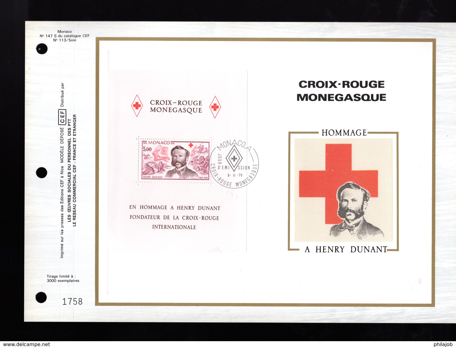 RR (3000 Ex) " CROIX-ROUGE 1978 DE MONACO : H. DUNANT " Sur Feuillet CEF Soie Nté. Parfait état. FDC - Henry Dunant