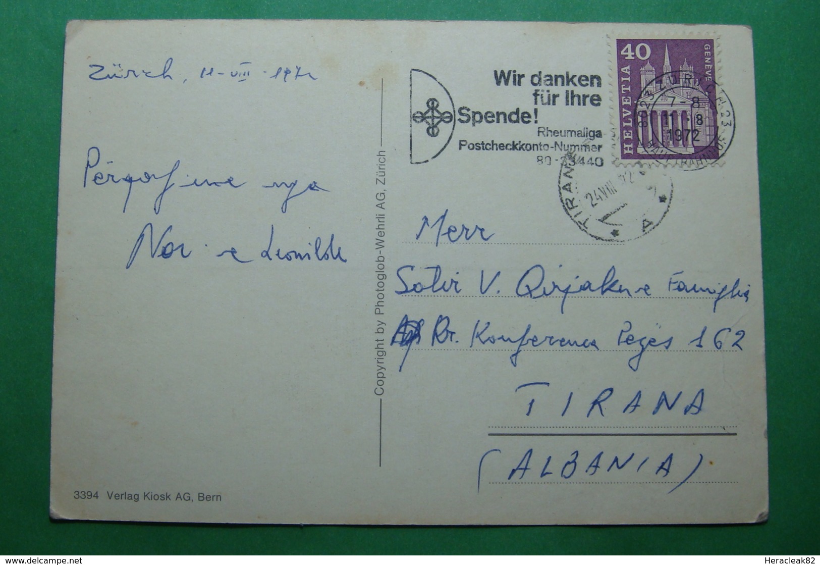 1972 Albania. SWITYERLAND Airmail Postcard Sent From  ZURICH To Tirana - Albania