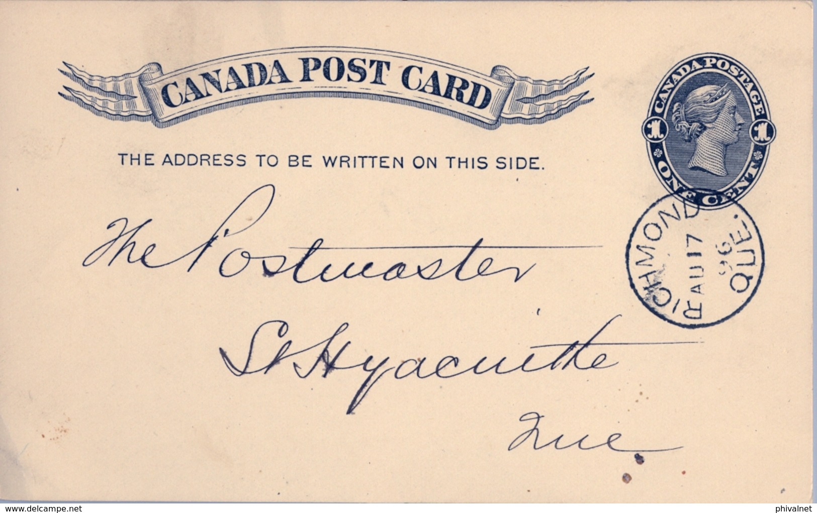 1896 , CANADÁ , ENTERO POSTAL CIRCULADO , RICHMOND - ST. HYACINTHE , LLEGADA AL DORSO. - 1860-1899 Victoria