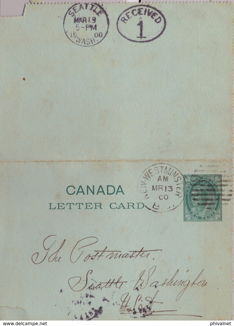 1900 , CANADÁ , ENTERO POSTAL  CIRCULADO , NEW WESTMINSTER - SEATTLE , LLEGADA - 1860-1899 Reinado De Victoria