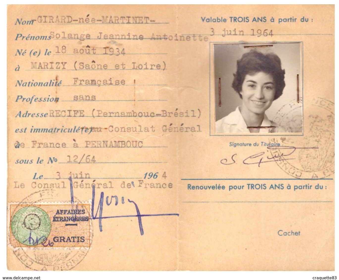 CARTE D'IDENTITE CONSULAIRE- MINISTERE DES AFFAIRES ETRANGERES 1964  PERNAMBOUC  BRESIL - Documenti