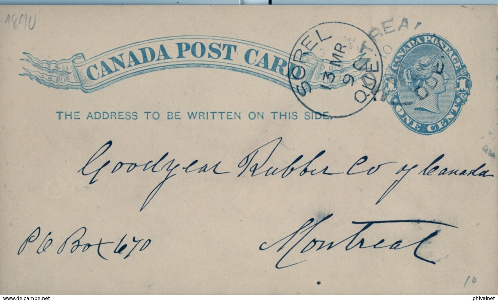 1890 , CANADÁ , ENTERO POSTAL  CIRCULADO , SOREL - MONTREAL , LLEGADA - 1860-1899 Reign Of Victoria