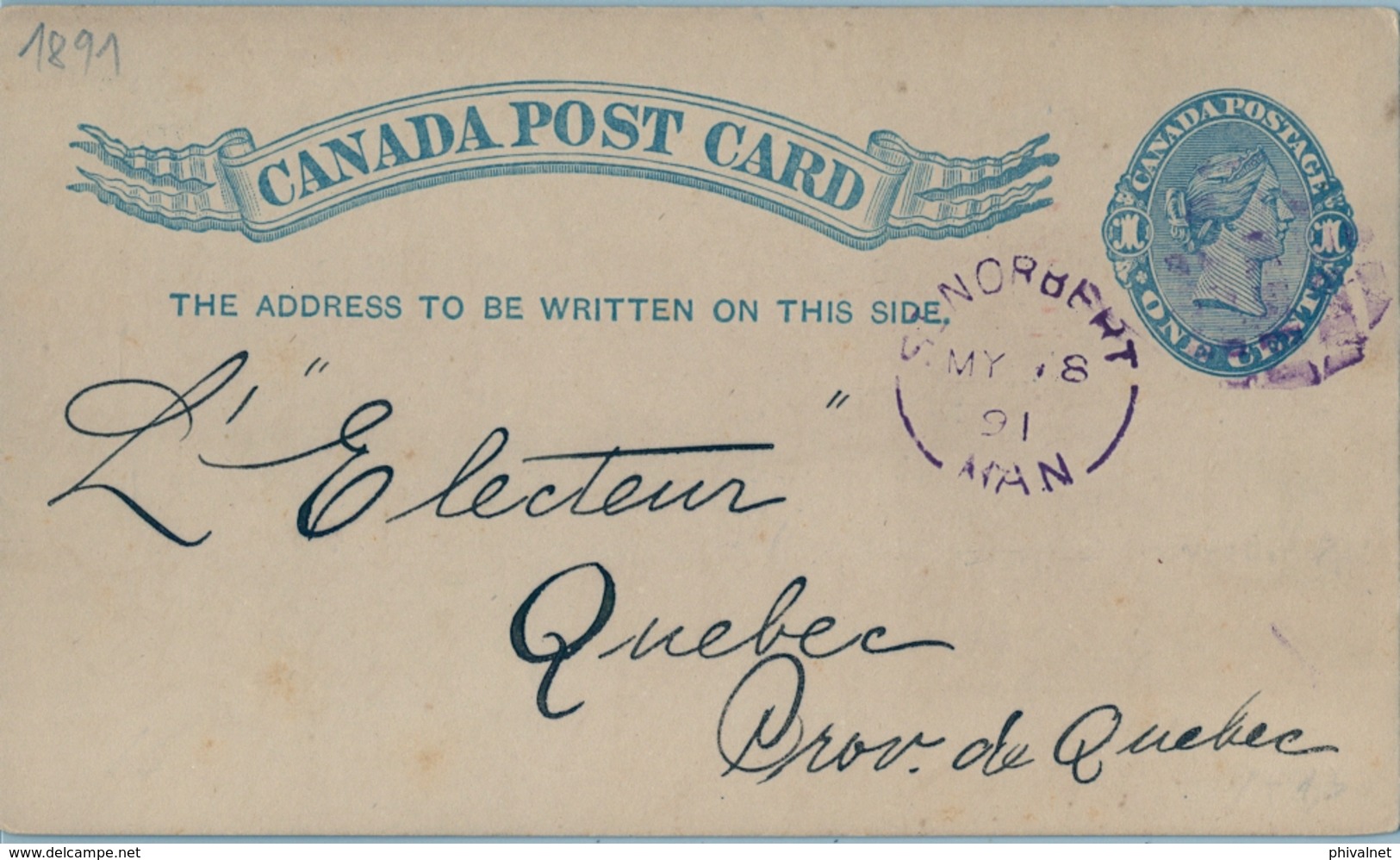 1891 , CANADÁ , ENTERO POSTAL  CIRCULADO , ST. NORBERT - QUEBEC - 1860-1899 Regno Di Victoria