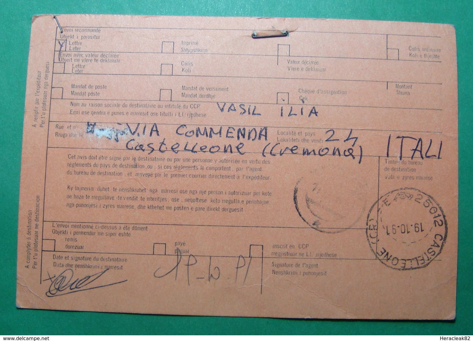 1991 Albania ITALY AVIS DE RECEPTION Sent From CASTELLEONE To SHKODER - Albania