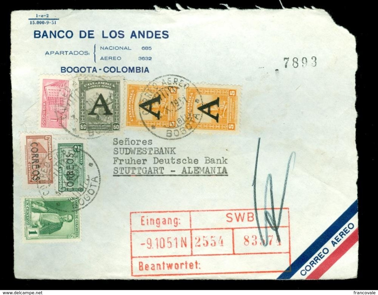 Colombia 1951 Storia Postale Air Mail Cover Side With Various Stamps From Bogotà To Stuttgart - Colombia