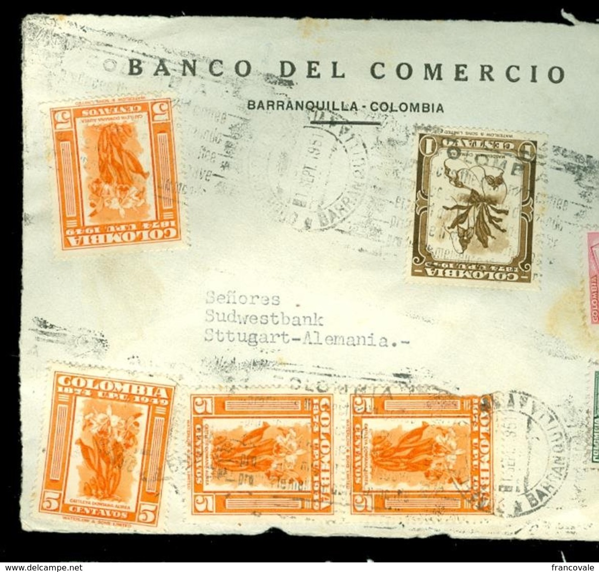 Colombia 1951 Storia Postale Cover Side With Various Stamps From Barranquilla To Stuttgart - Colombia