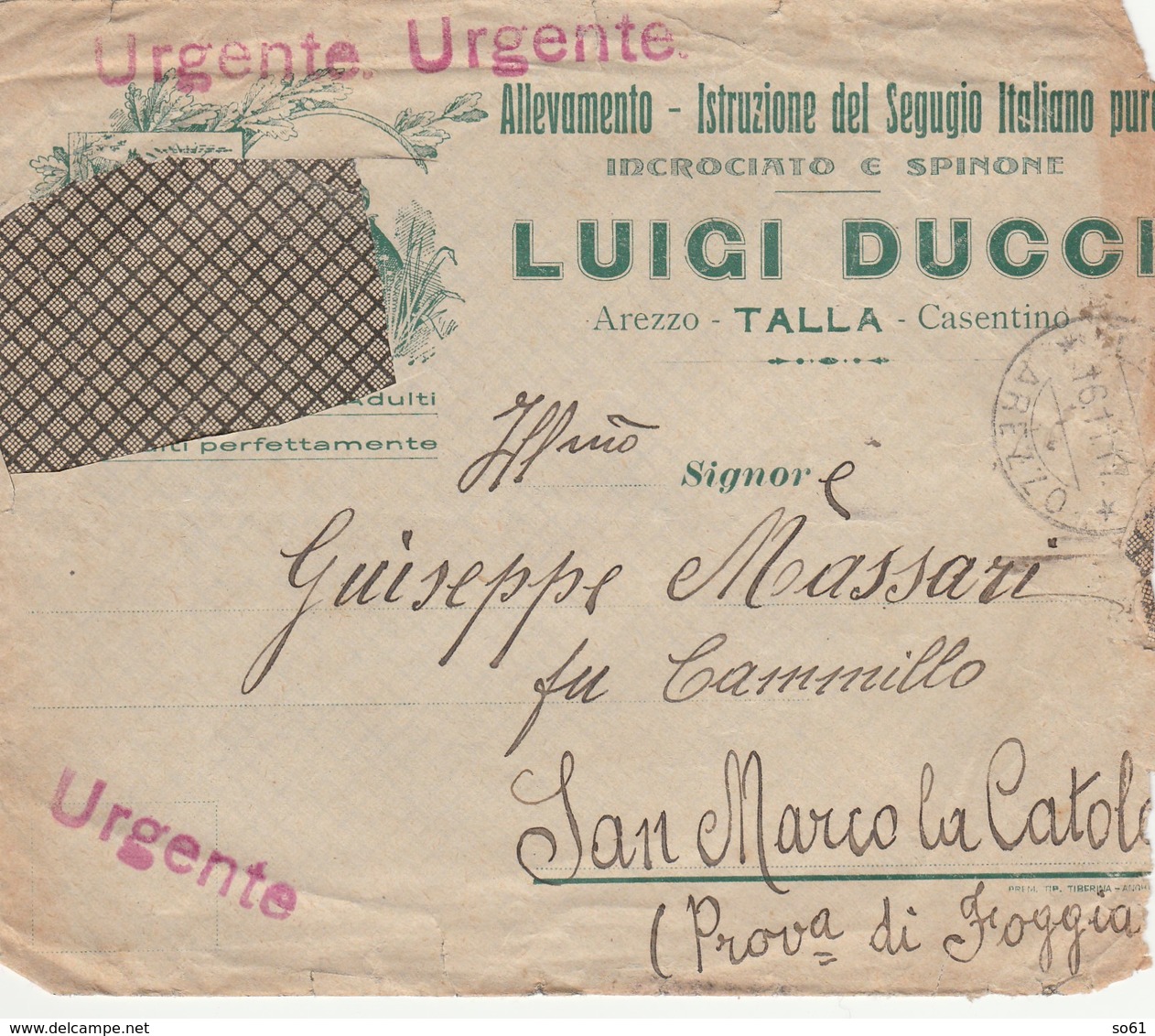 8314 Eb.   Busta  Luigi Ducci Allevamento Segugio Spinone Da Talla Arezzo Per S. Marco La Catola  Foggia 1917 - Matériel Et Accessoires