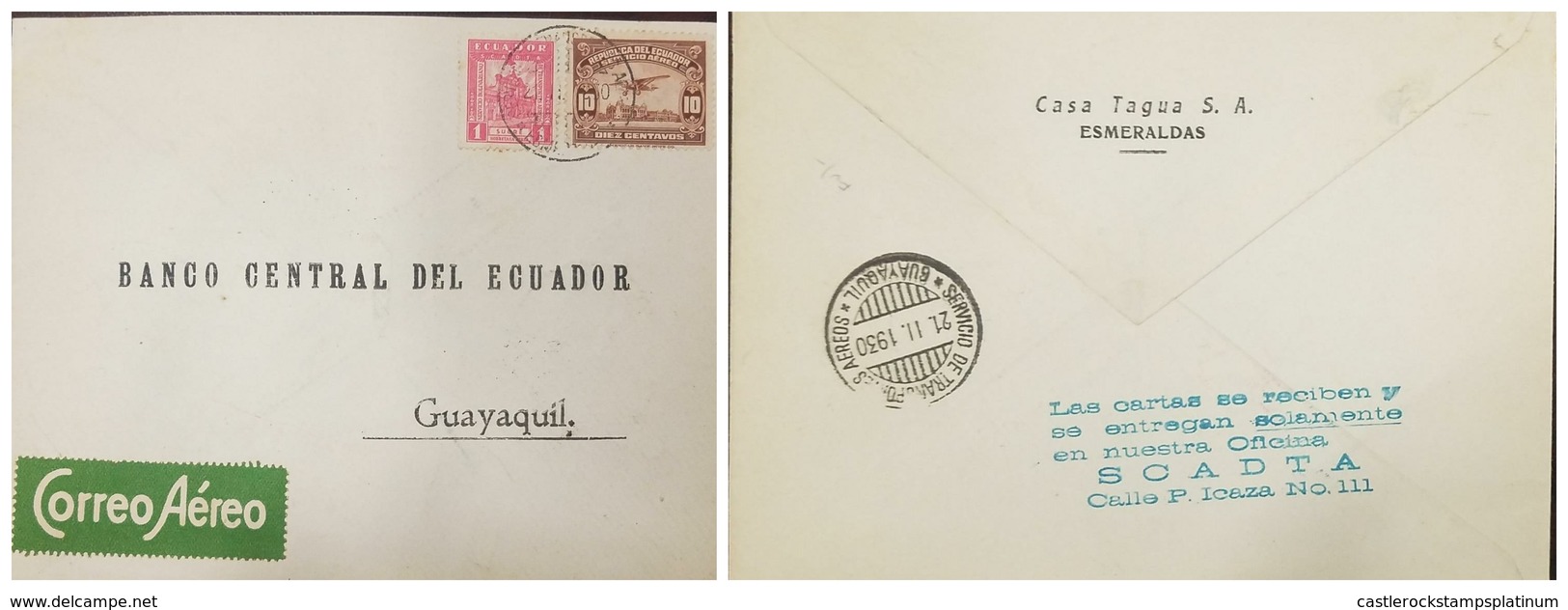 O) 1930 ECUADOR, ESMERALDAS SCADTA GREEN AIRMAIL LABEL ALONGSIDE-SCADTA SCT C10 10C - SCT C18 1s,RARE COVER -TO GUAYAQUI - Ecuador