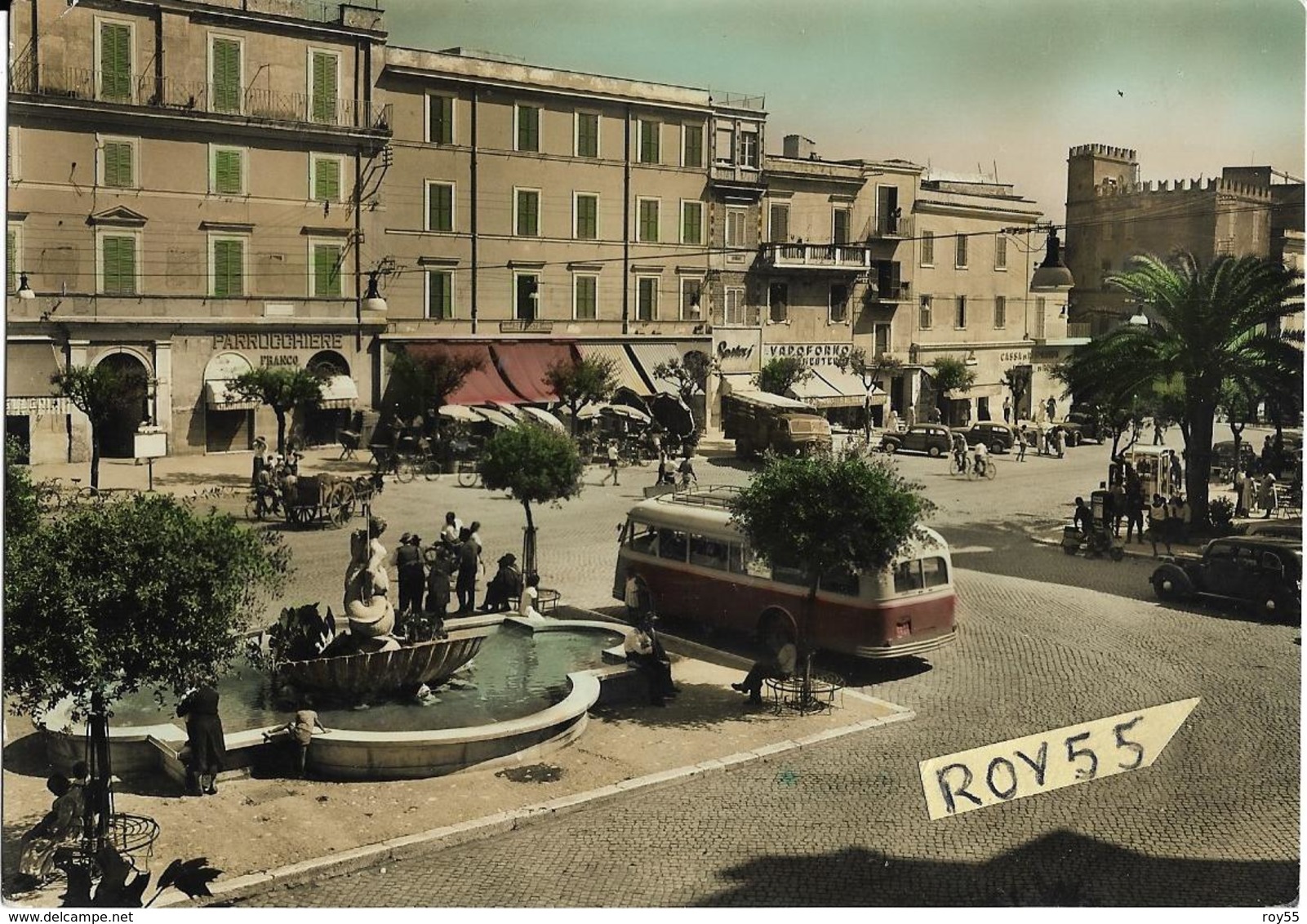 Lazio-roma-nettuno Piazza Mazzini Negozi Fontana Auto Epoca Auto Corriera Carro Gente Animatissima Anni 50 - Altri & Non Classificati