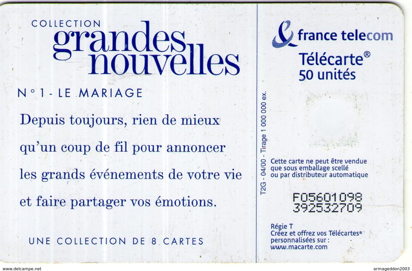 N°04 / TÉLÉCARTE 2000 FRANCE TELECOM LES GRANDES NOUVELLES LE MARIAGE / 50 U - VOIR DOS - 2000