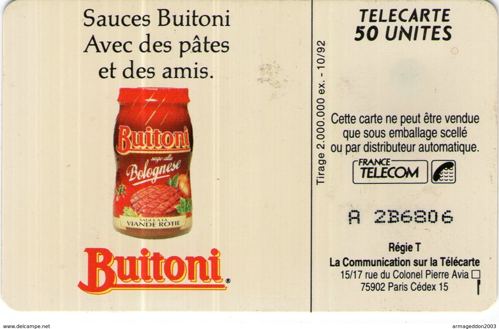 N°04 / TÉLÉCARTE 1992 SAUCES BUITONI    / 50 U - VOIR DOS - Alimentation