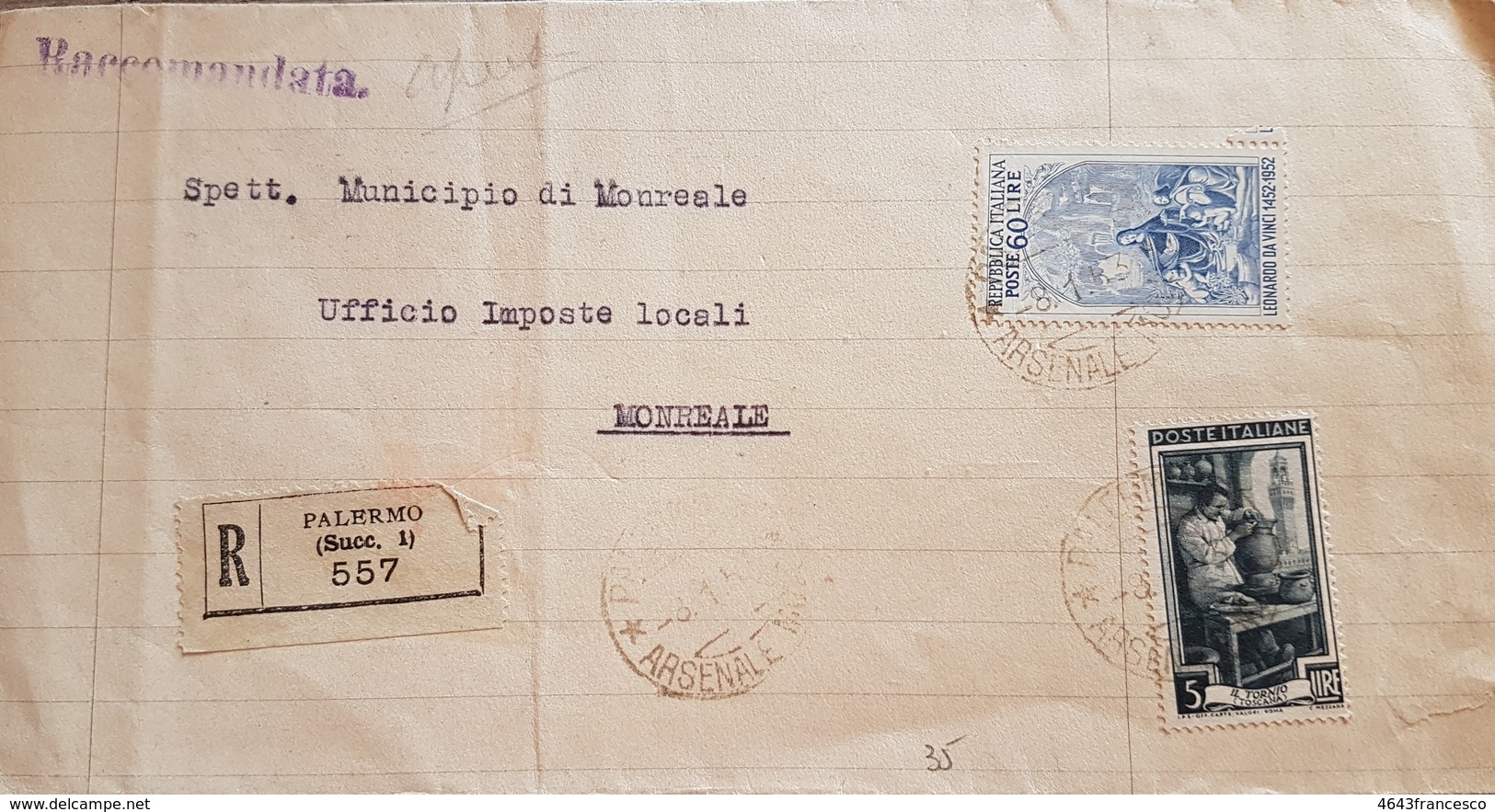 1953 Raccomandata Da Palermo Per Monreale Con Leonardo Da Vinci Da 60 L.023 - 1946-60: Storia Postale