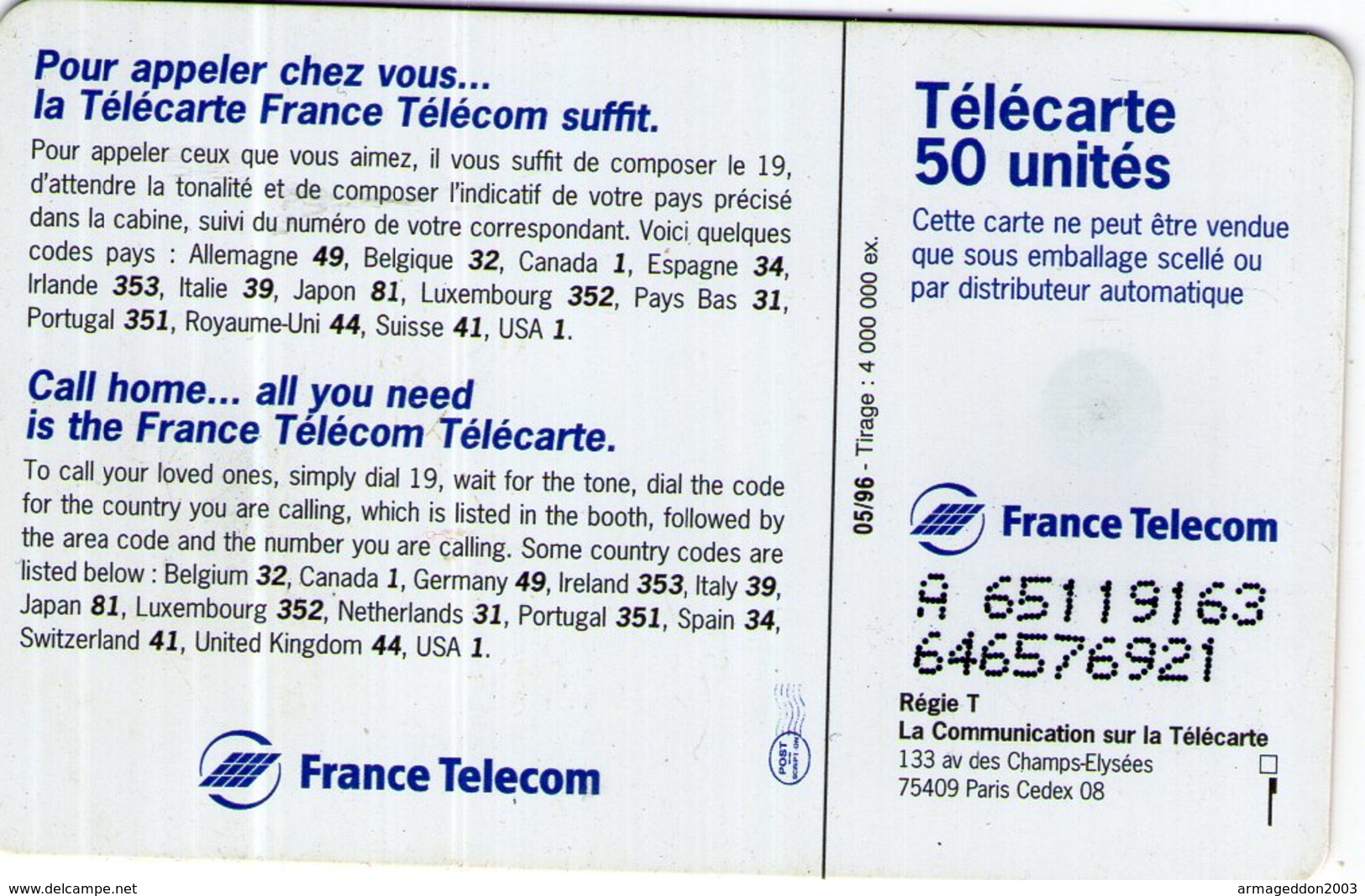 N°05 / TÉLÉCARTE 1996 FRANCE TELECOM LA TELECARTE  50 U  - / VOIR DOS - Opérateurs Télécom