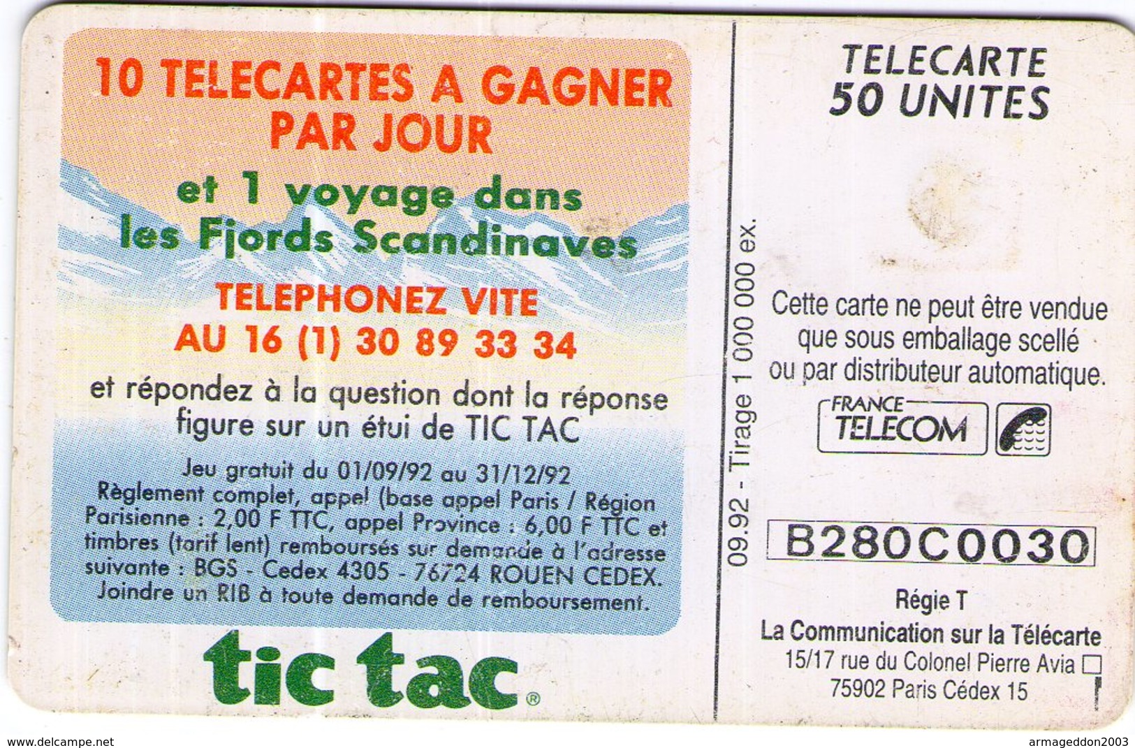 N°05 / TÉLÉCARTE 1992 BONBON TIC TAC   50 U  - / VOIR DOS - Alimentazioni