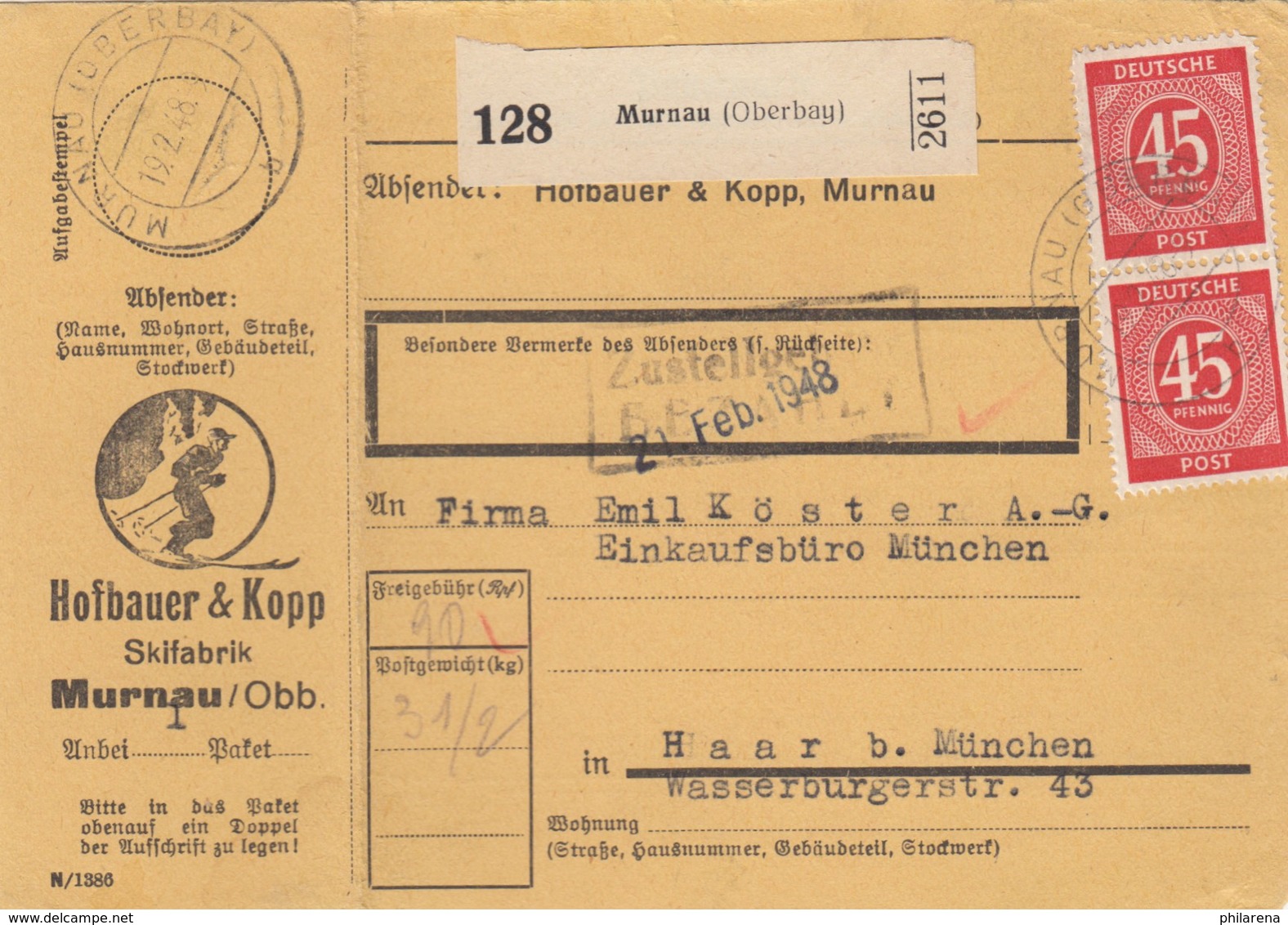 BiZone Paketkarte 1948: Murnau Skifabrik Nach Haar, Selbstbucher - Autres & Non Classés