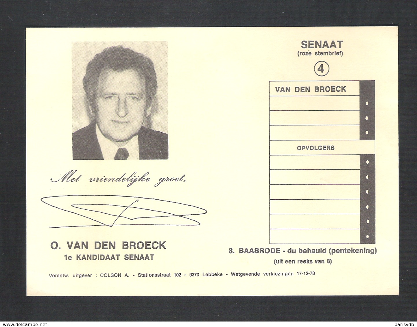 BAASRODE - PENTEKENING DU BEHAULD - SENAAT VERKIEZING O. VAN DEN BROECK  - FOTOKAART    (10.037) - Dendermonde