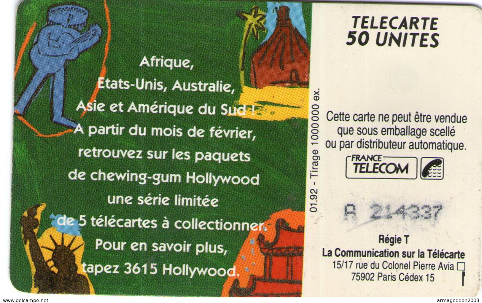 N°05 / TÉLÉCARTE 1992 HOLLYWOOD CHEWING GUM   50 U  - / VOIR DOS - Alimentation