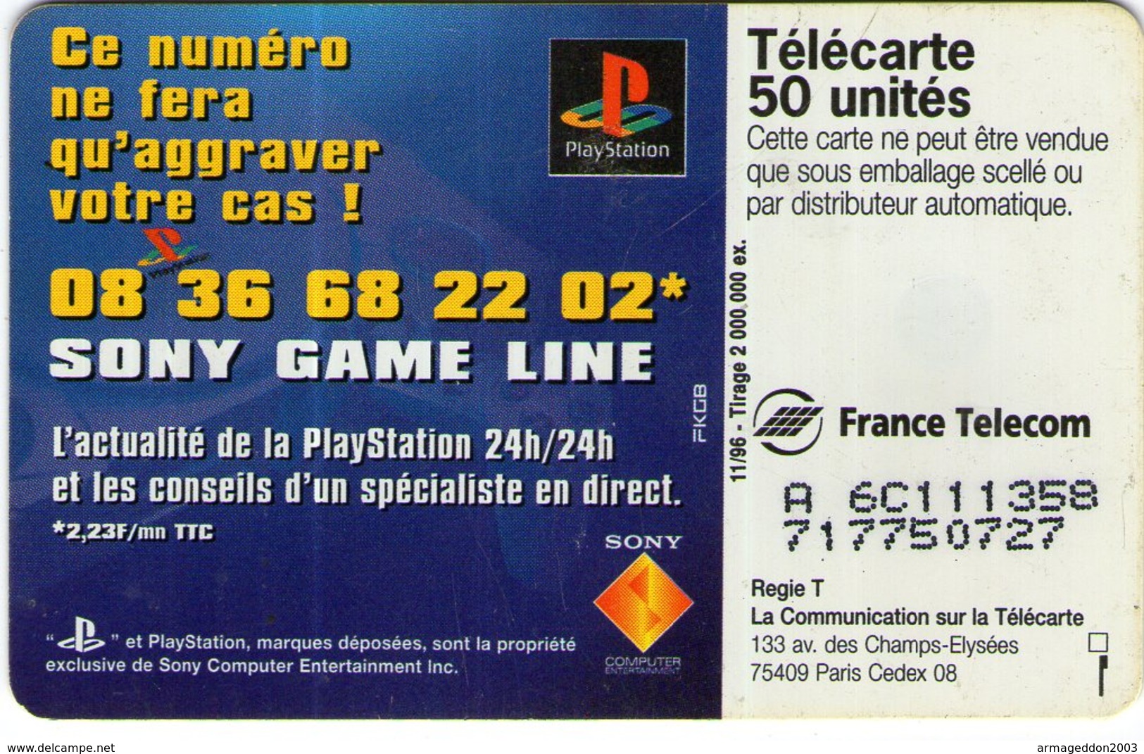 N°05 / TÉLÉCARTE 1996 SONY LA PLAYSTATION    50 U  - / VOIR DOS - Jeux