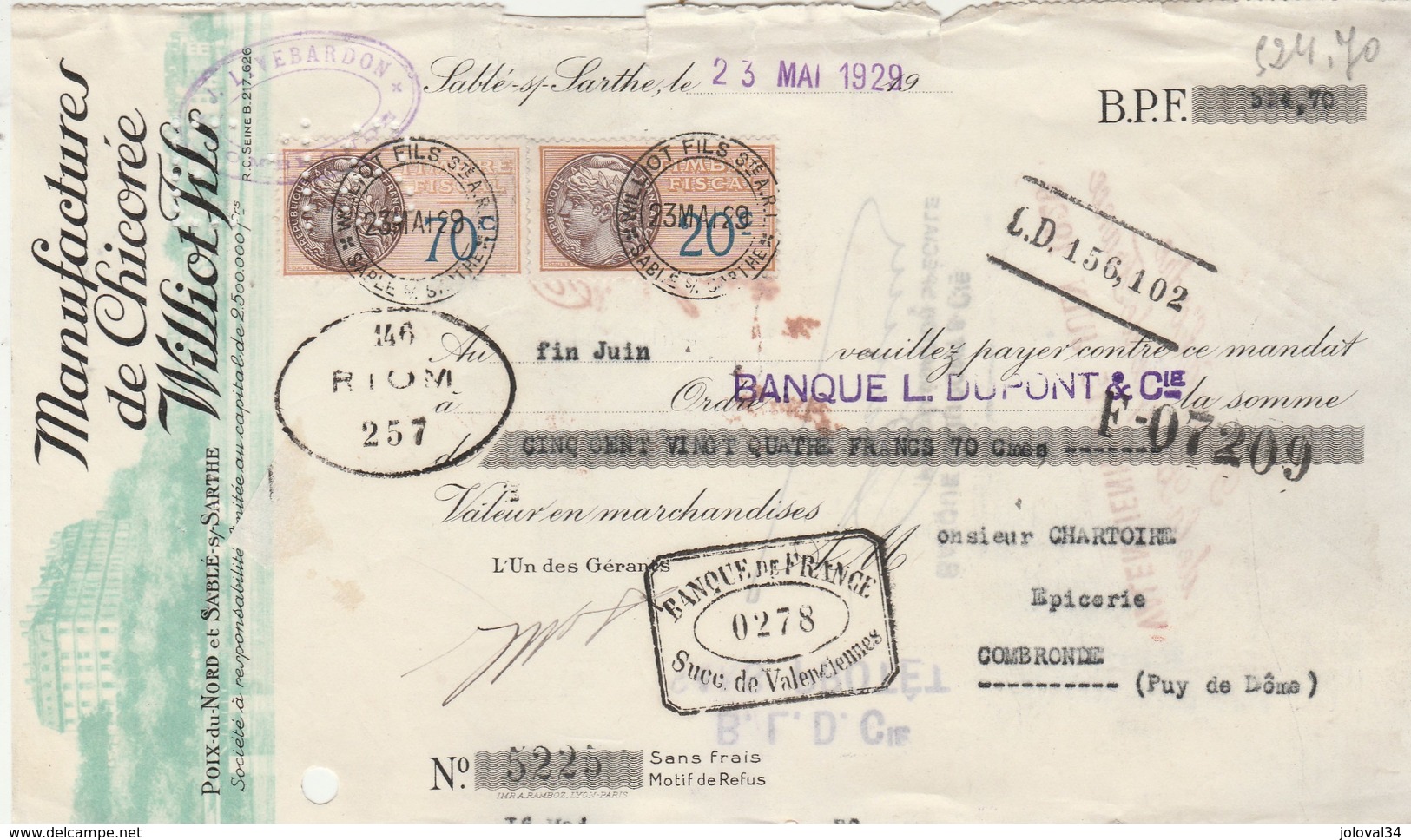 Lettre Change 23/5/1929 WILLIOT Fils Chicorée POIX Du Nord SABLE Sur Sarthe - Chartoire Combronde Puy De Dôme - Bills Of Exchange