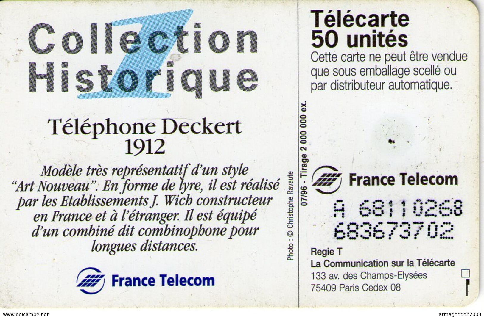 N°05 / TÉLÉCARTE 1996 LE TELEPHONE DECKERT 1912 /  50 U  - / VOIR DOS - Téléphones