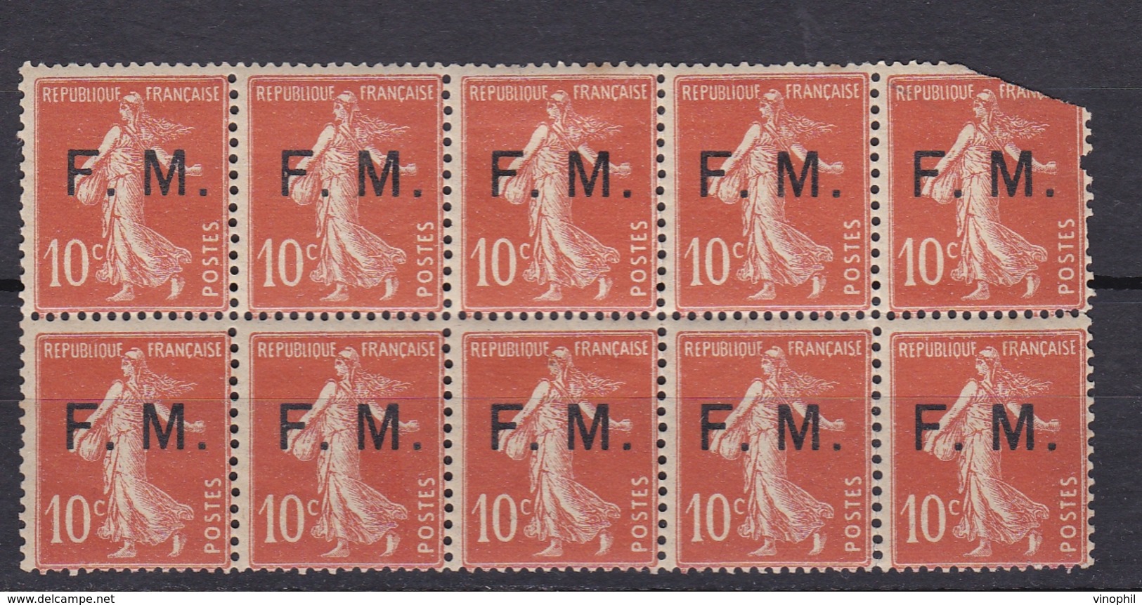 FRANCE TIMBRES DE GUERRE N° 5 SEMEUSE CAMEE 10C ROUGE BLOC DE 10 - Guerre (timbres De)