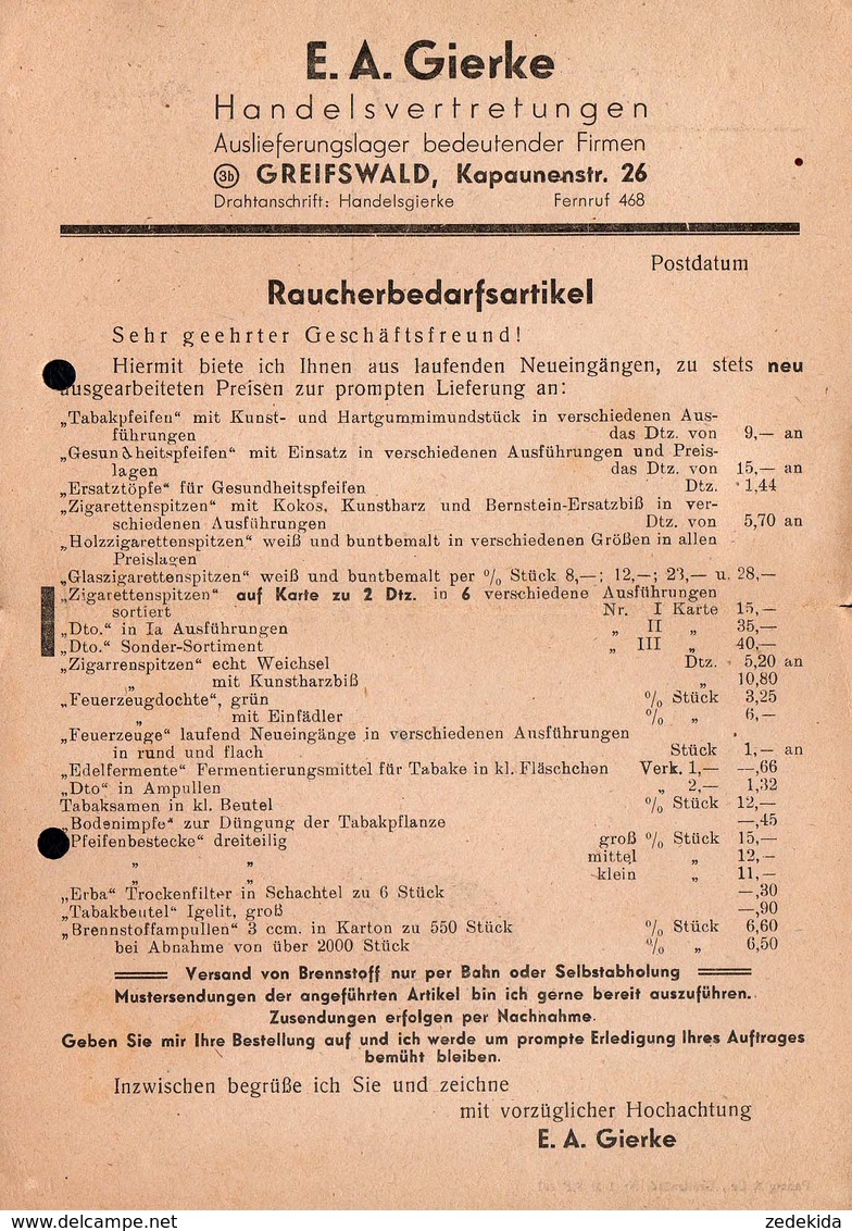 A1348 - Greifswald E.A. Gierke - Raucherbedarf Tabakwaren - Preisliste - Sonderstempel - Lebensmittel