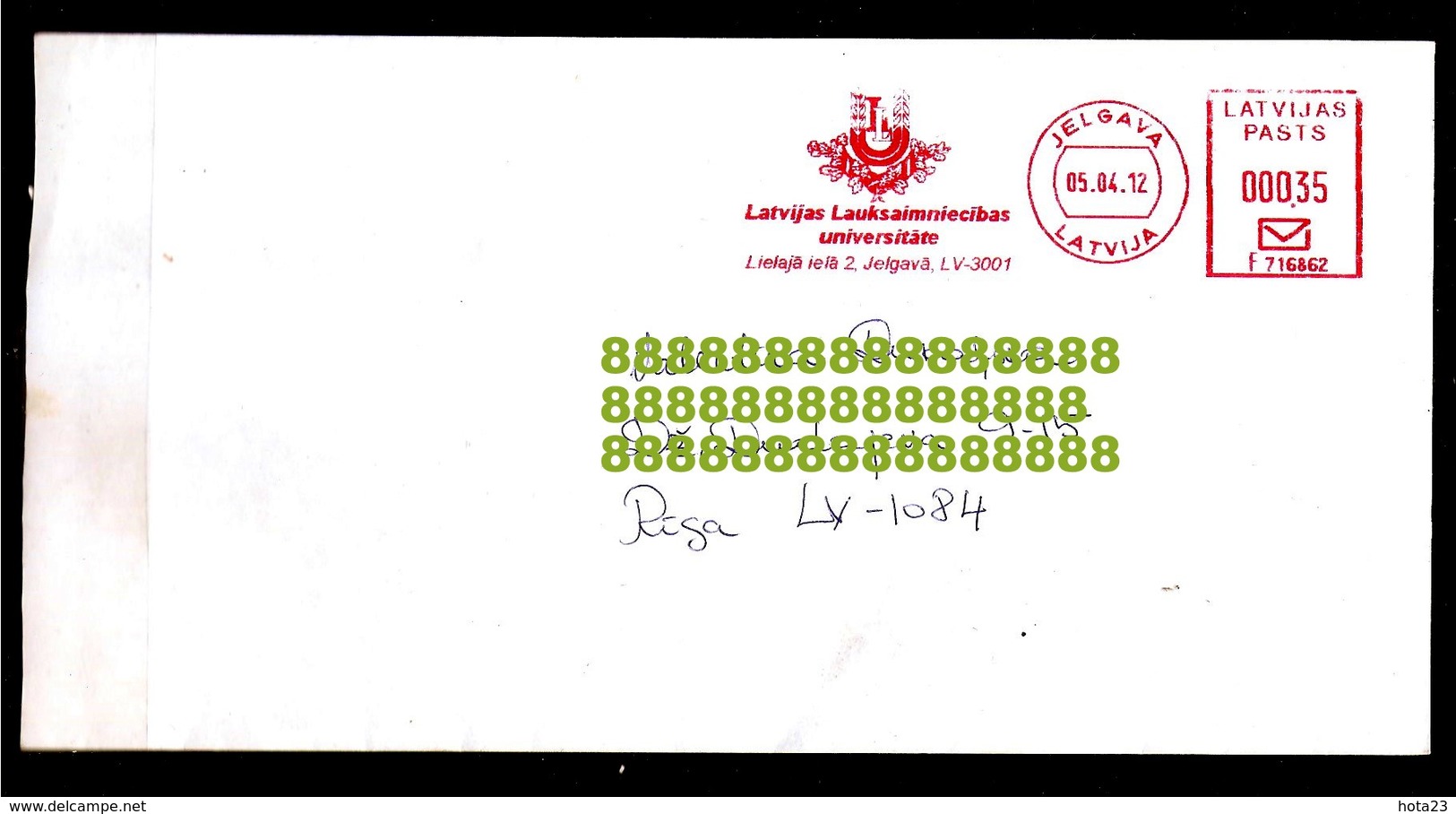 2012  LATVIA  LETTER GUMMI RED STAMP  - UNIVERSITY OF AGRICULTURE JELGAVA CITY - LOKAL - Lettland