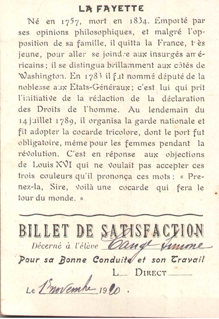 Chromo-Billet Satisfaction CANGE SIMONE- LA FAYETTE à LOUIS XVI La Cocarde Qui Fera Le Tour Du Monde - Scans Recto Verso - Otros & Sin Clasificación