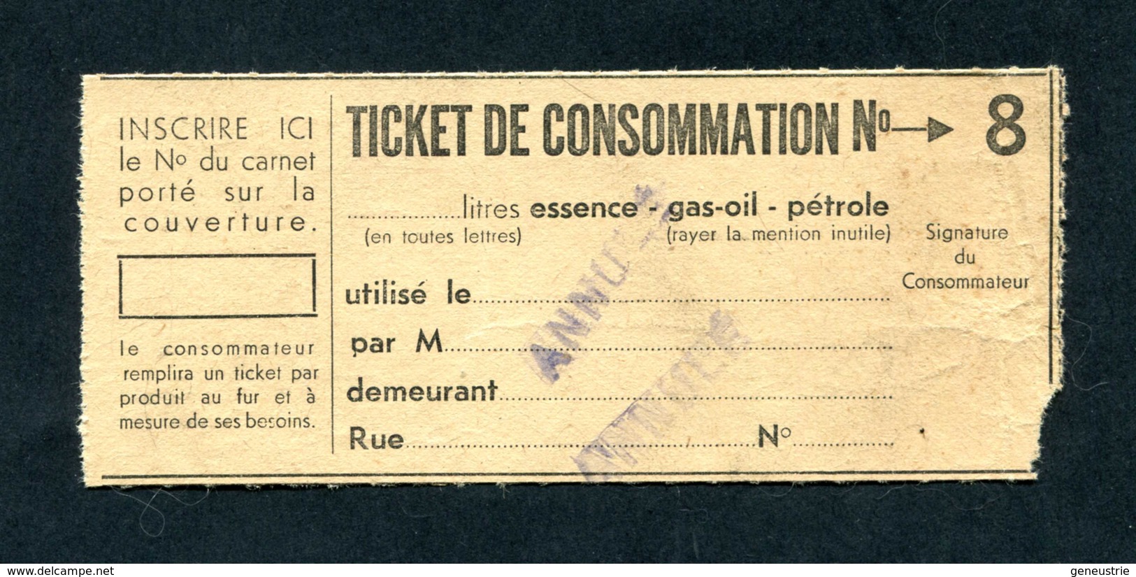 WWII - Ticket De Consommation Annulé (1940) Essence - Gas-oil - Pétrole - French Emergency Issue WW2 - Bons & Nécessité