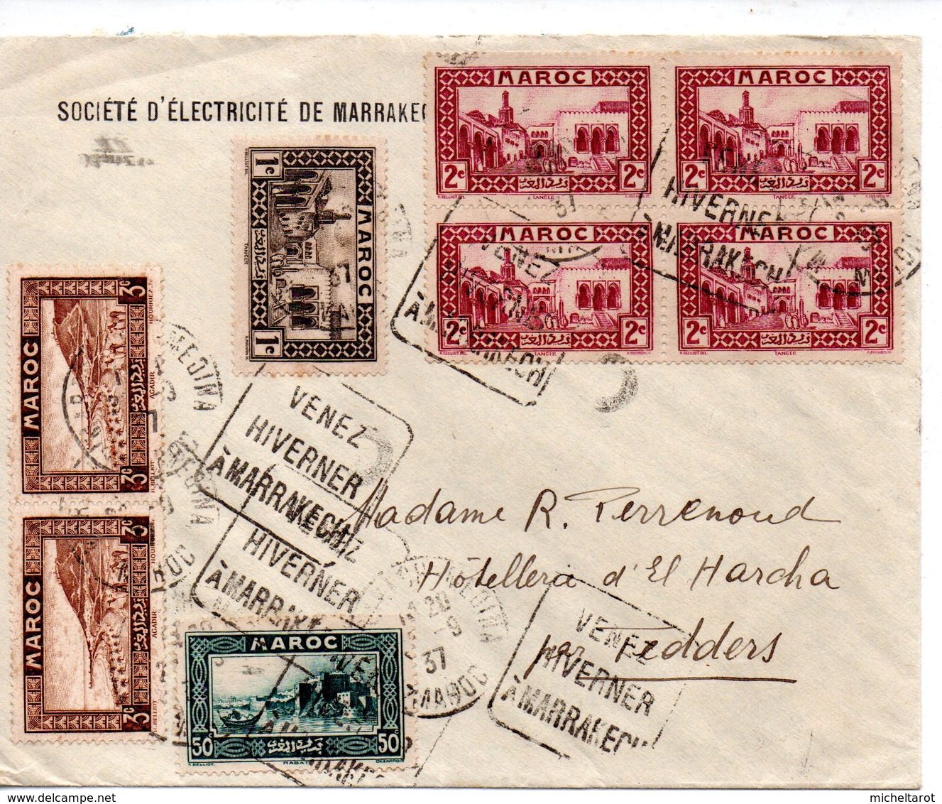 Maroc: Oblitération Daguin Sur Enveloppe Entière : Marrakech : Venez Hiverner 1937 - Maroc (1956-...)