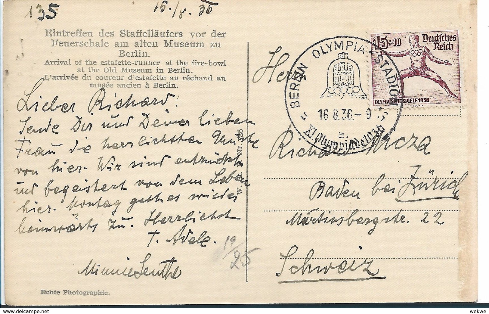 Oy095 / Olympiade 1936. Ankunft Des Fackelträgers.  Fotokarte Mit Passender Marke Und Stempel - Lettres & Documents