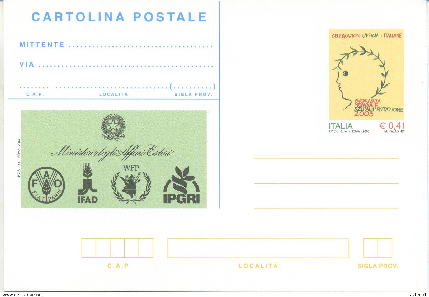 ITALIA - INTERO POSTALE 2003 - ALIMENTAZIONE - NUOVA - Interi Postali