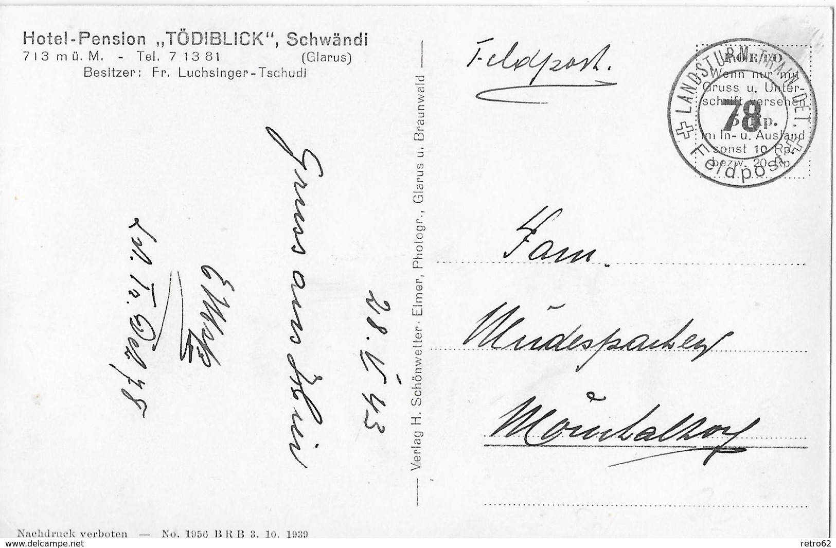 SCHWÄNDI → Hotel Pension Tödiblick, Mehrbilskarte Feldpost Anno 1943 - Schwändi