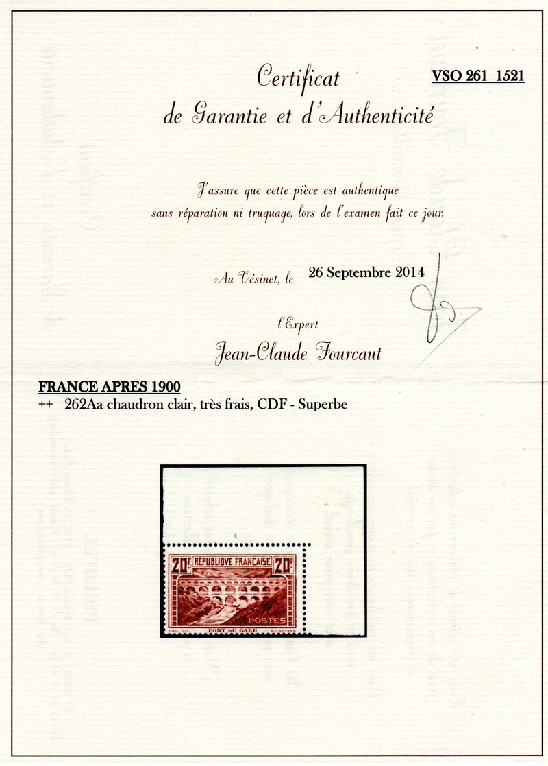 FRANCE - YT N° 262Aa Type 1 CDF Certificat - Neuf ** - MNH - Cote: 2500,00 € - Unused Stamps