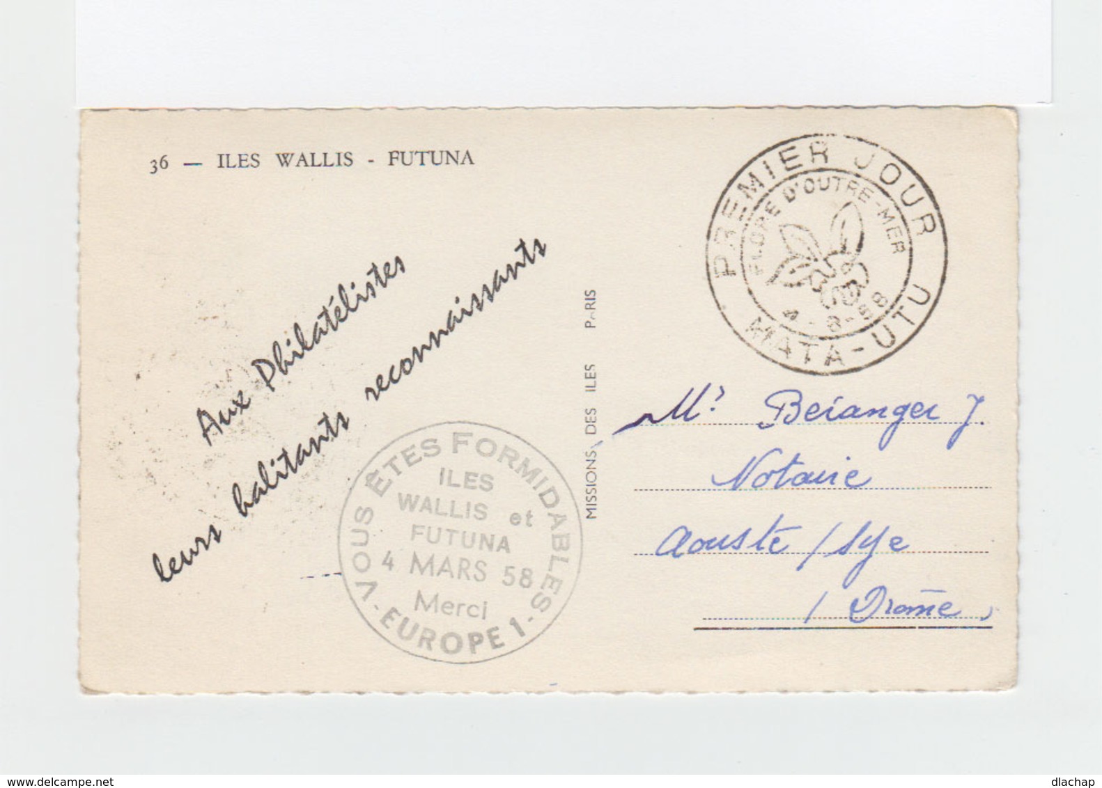 FDC Carte Postale Wallis Et Futuna Premier Jour Mata Utu 1958. Cachet Europe 1 Vous êtes Formidables. (1056x) - FDC