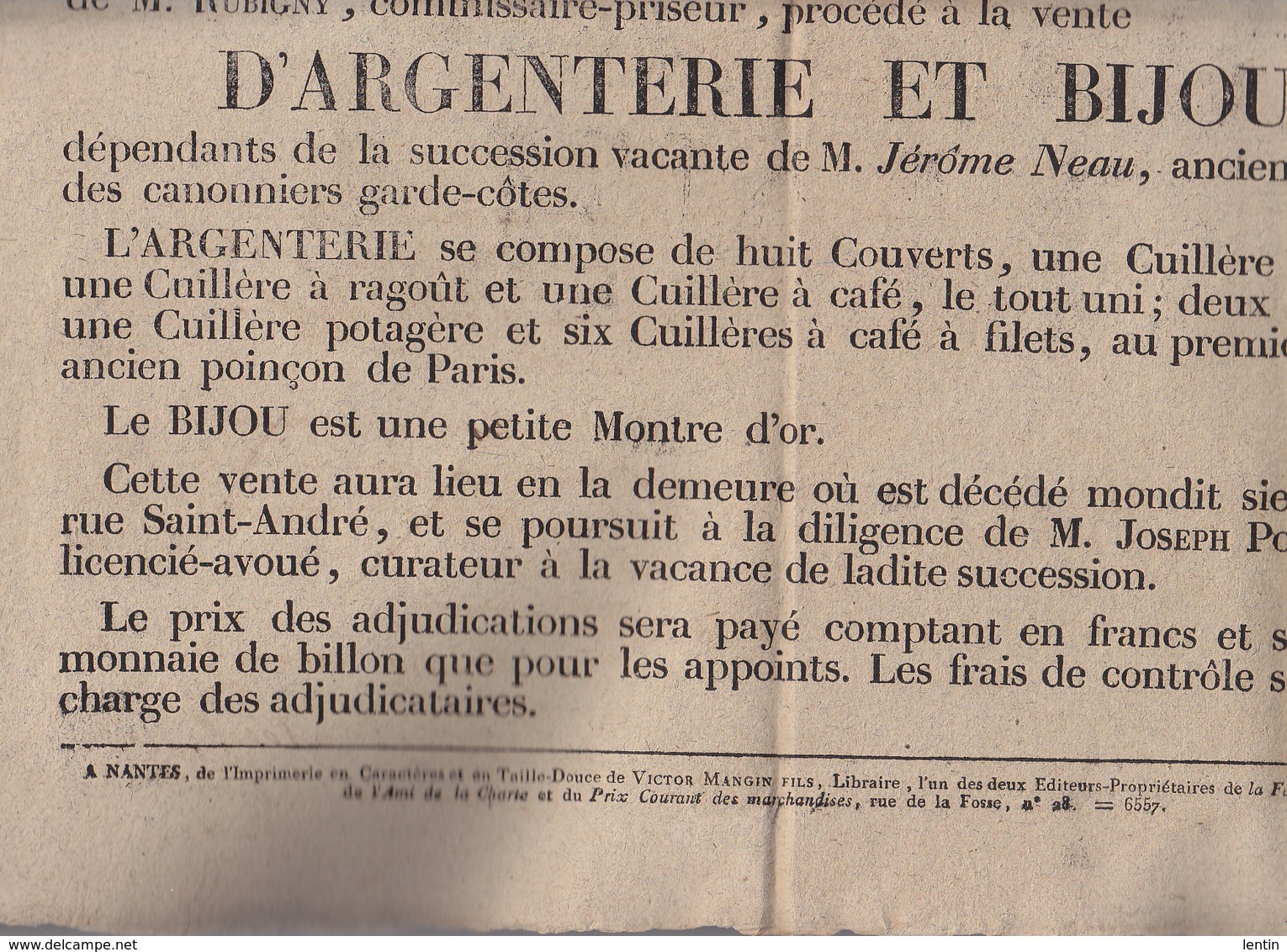 Affiche Nantes 30 Avril 1821 - Vente Argenterie Et Bijou Succession Jerome Neau Capitaine Garde Cotes - Plakate