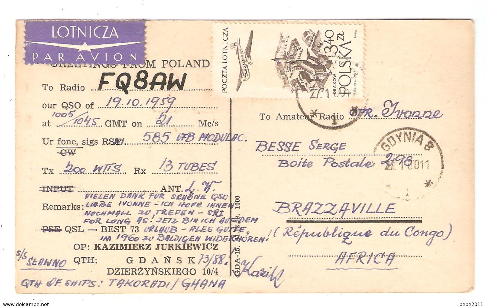 Amateur Radio QSL QSO SP2YK Poland Kazimierz Jurkiewicz GDANSK To FQ8AW Besse Serge Brazzaville Congo - Radio Amateur