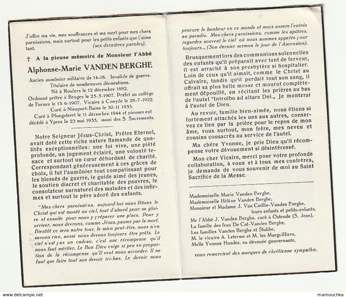 Priester VANDEN BERGHE Aumonier Militaire 14/18 Roeselare Brugge Veurne Coxyde Nieuport-Bains Ploegsteert Ypres 1955 - Images Religieuses