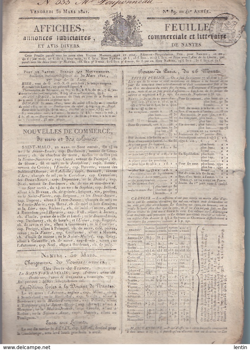 Feuille Commerciale Et Littéraire De Nantes - N°89 Mars 1821 - Mouvement Des Navires - Affiches Et Annonces - 1800 - 1849