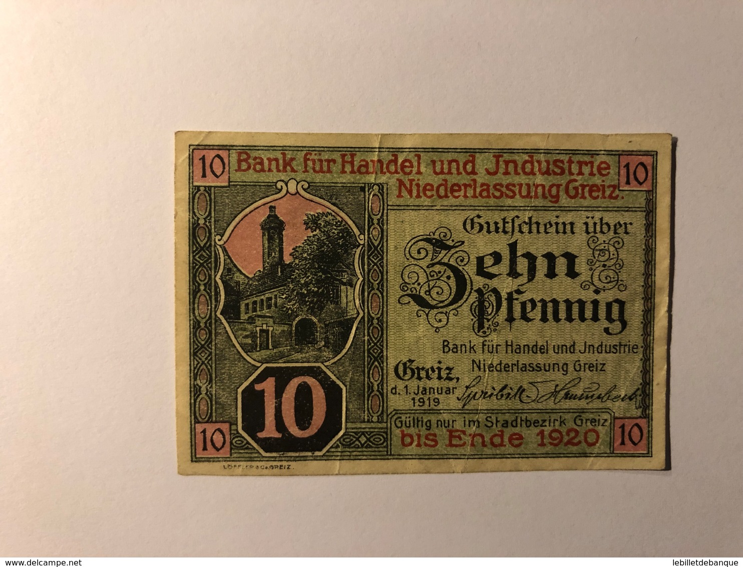 Allemagne Notgeld Greiz 10 Pfennig - Collections