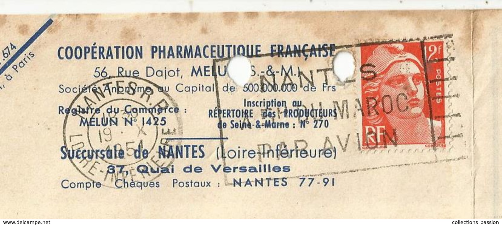 Facture D'avoir ,,Coopération Pharmaceutique Française ,Melun,Nantes , 3 Scans,oblitération,flamme, ,  Frais Fr 1.55 E - 1950 - ...