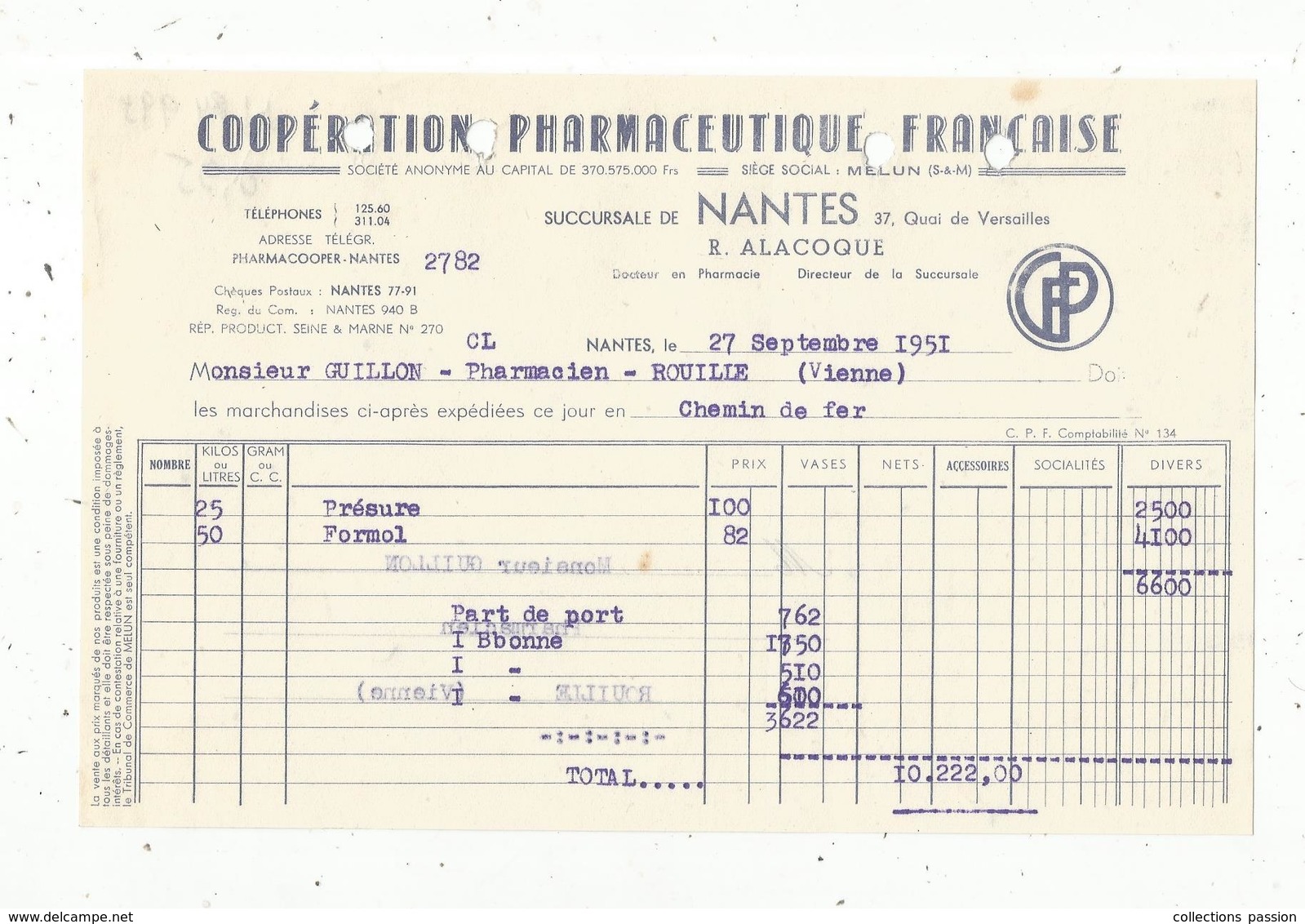 Facture , Coopération Pharmaceutique Française ,Melun,Nantes ,1951,  Frais Fr 1.55 E - 1950 - ...