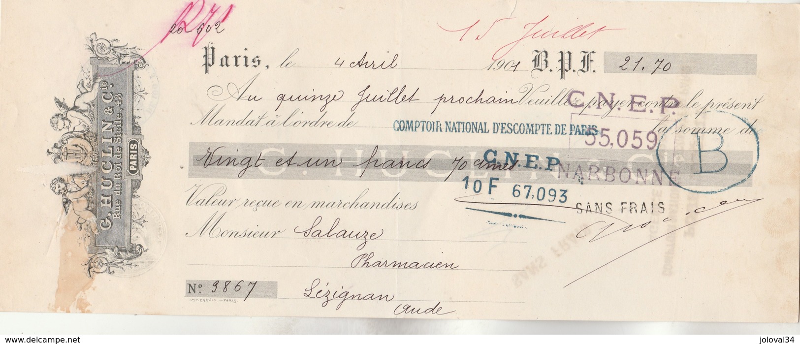 Lettre Change Illustrée 4/4/1901 G HUCLIN PARIS - Salauze Pharmacien Lézignan Aude - Lettres De Change