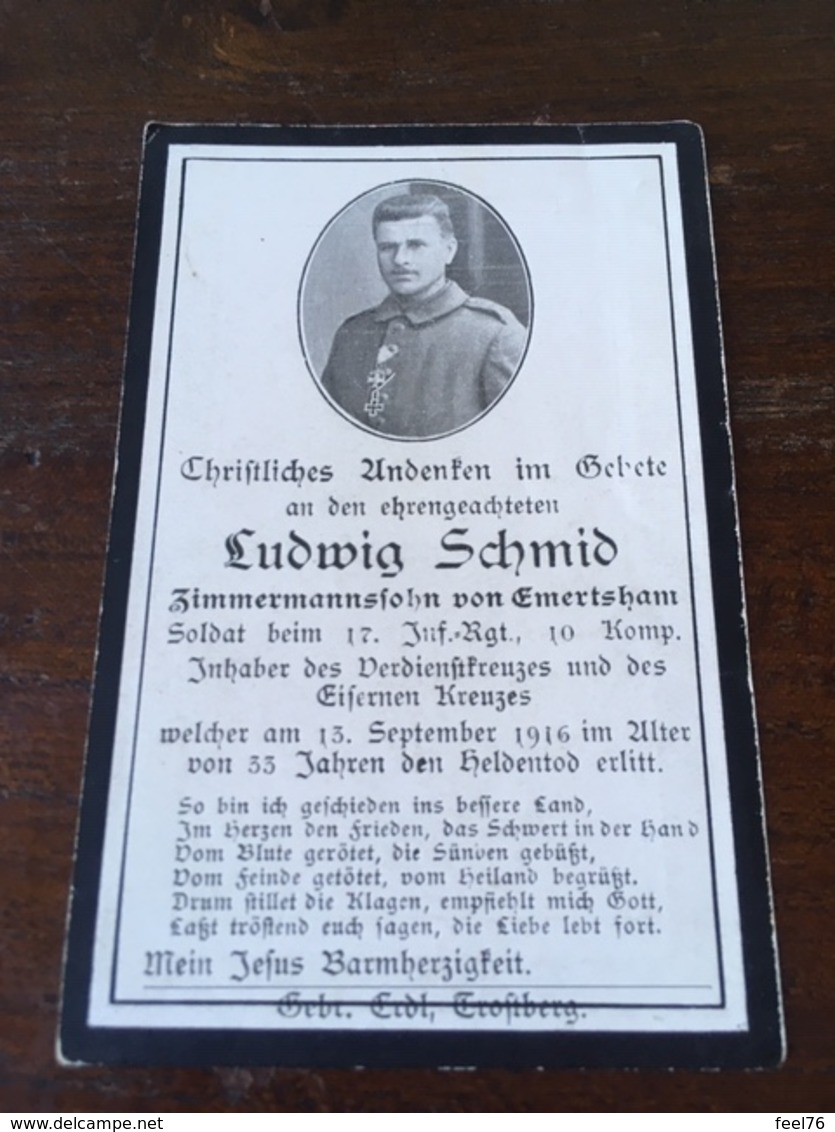 Sterbebild Wk1 Ww1 Bidprentje Avis Décès Deathcard IR17 13. September 1916 Aus Emertsham - 1914-18