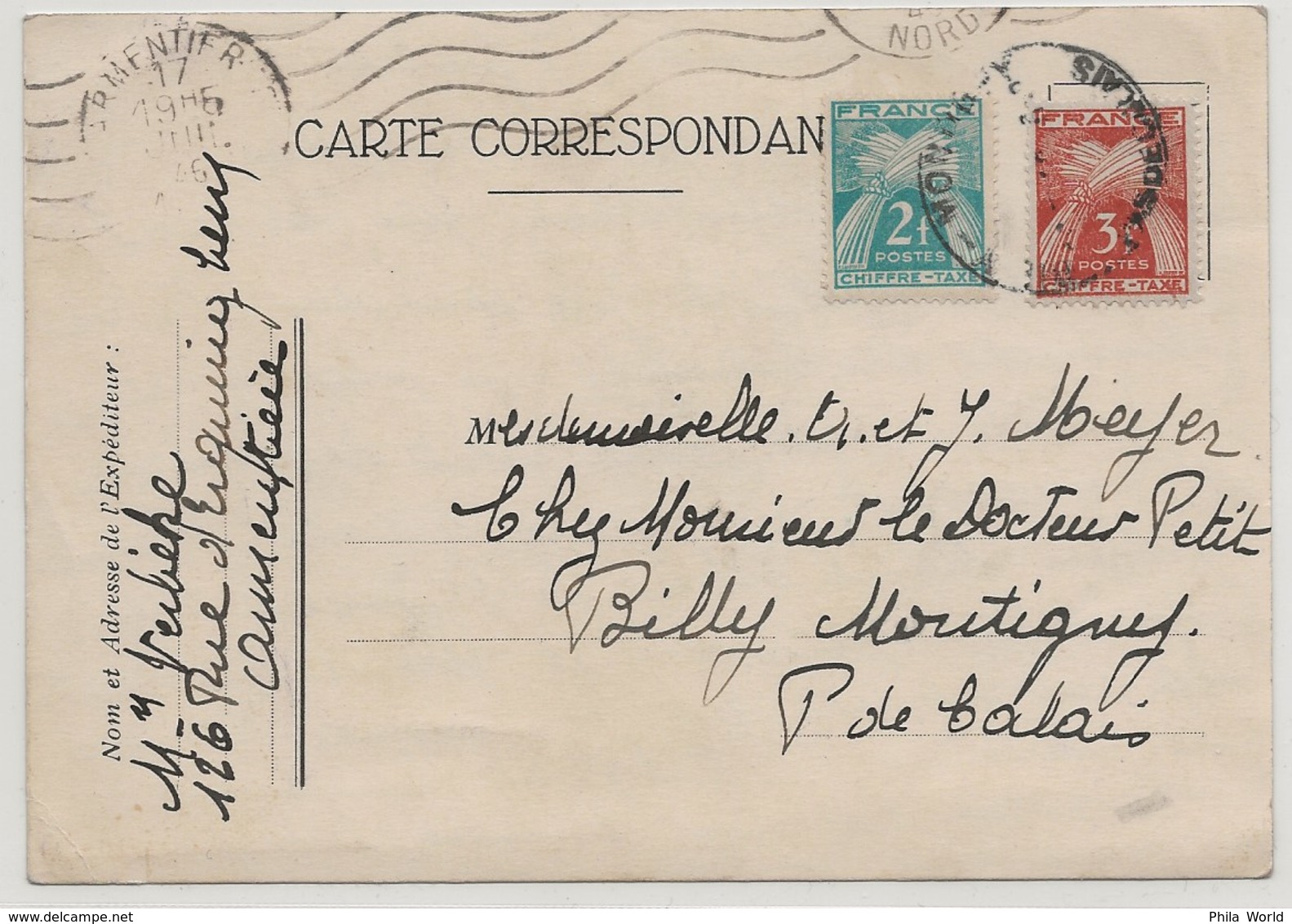 CHIFFRE TAXE Type Gerbes De Blé 5 F Sur Carte Correspondance Armentières Pour Billy Montigny 1946 Avec Oblitération RBV - 1859-1959 Lettres & Documents