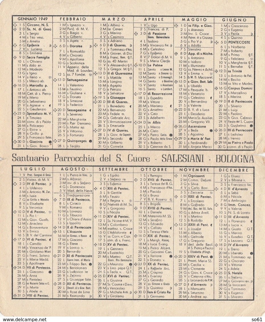 8315.   Calendario 1949 Santuario Parrocchia Del S. Cuore Di Gesù - Salesiani - Bologna - Petit Format : 1941-60