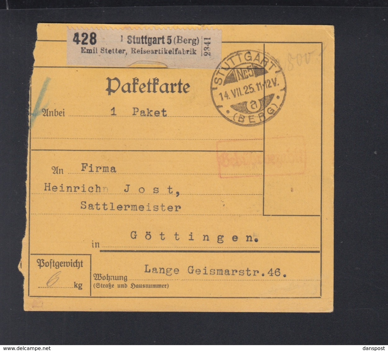 Württemberg Paketkarte Stuttgart 1925 - Altri & Non Classificati