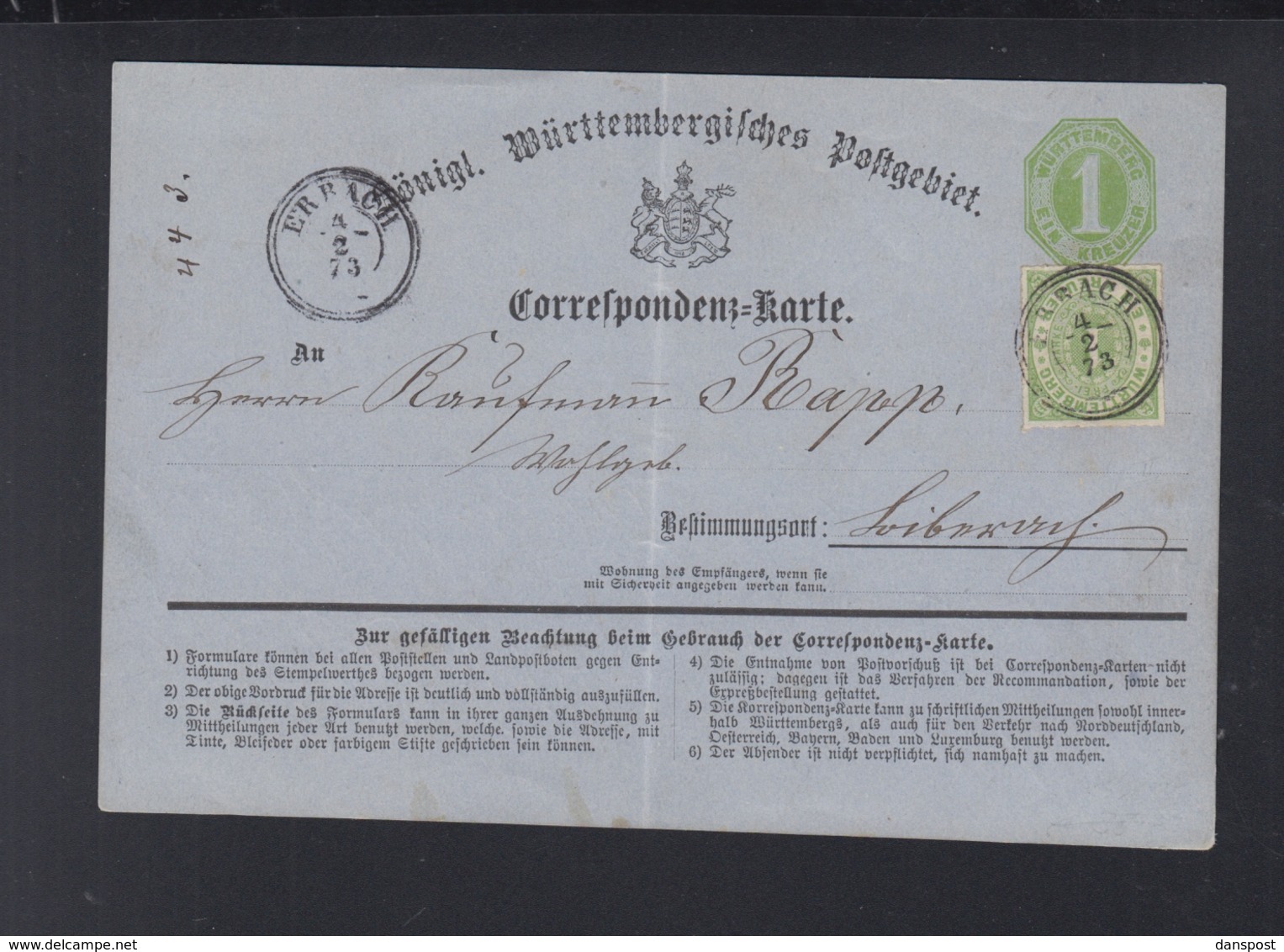 Württemberg GSK Mit ZuF Erbach 1873 Gefaltet - Autres & Non Classés