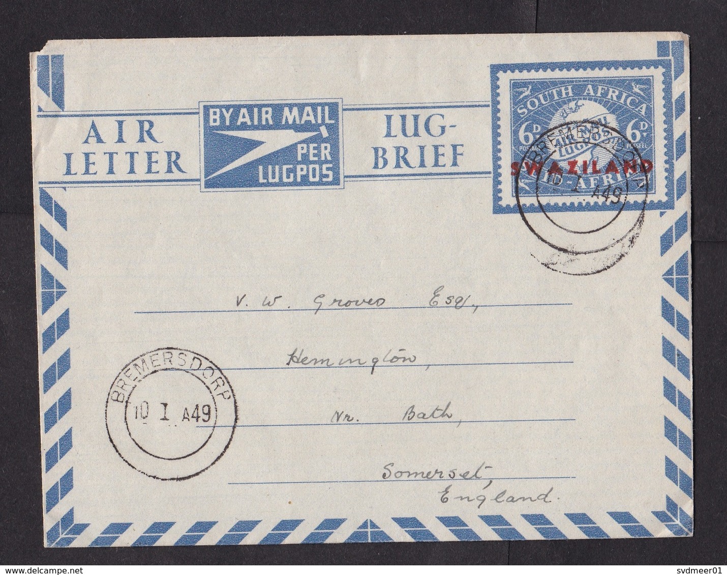 Swaziland: Stationery Aerogramme Bremersdorp To UK, 1949, Country Name Overprint On South Africa (minor Damage At Back) - Swaziland (1968-...)